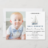 編集可能な帆船の写真を使った誕生日パーティーの招待状 招待状 (正面)