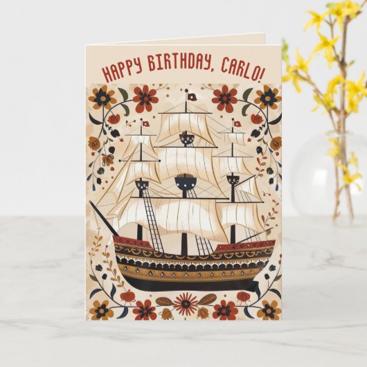 編集可能な帆船の誕生日 カード (黄色い花)