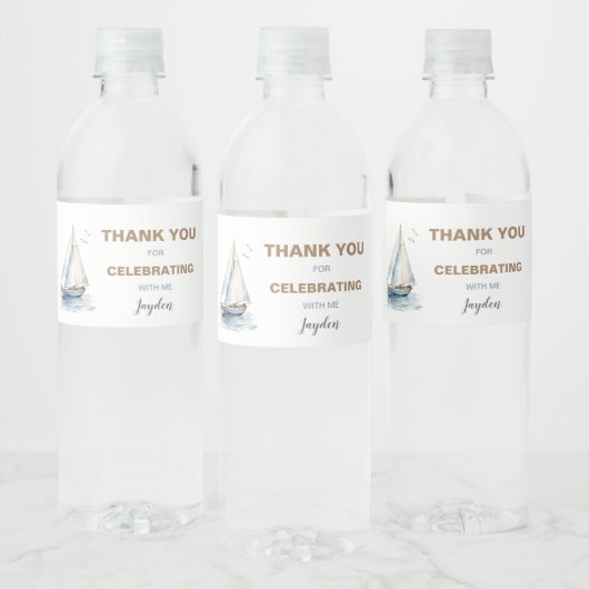 編集可能な帆船ウォーターボトルラベル – 青 ペットボトルラベル (ボトル)