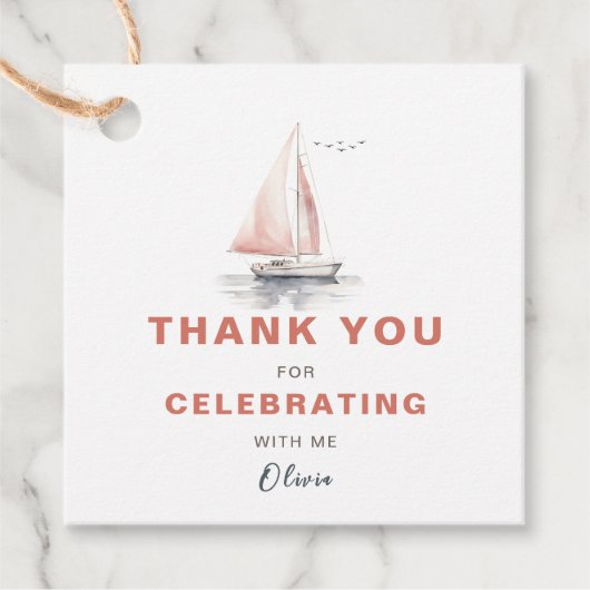 編集可能な帆船スクエアのお願い/ありがとうラベル – ピンク フェイバータグ (正面)