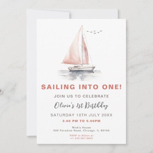 編集可能な帆船誕生日招待状 – ピンク 招待状 (正面)
