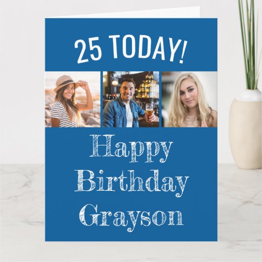 編集可能な年齢と挨拶 |写真3枚誕生日 カード (正面)