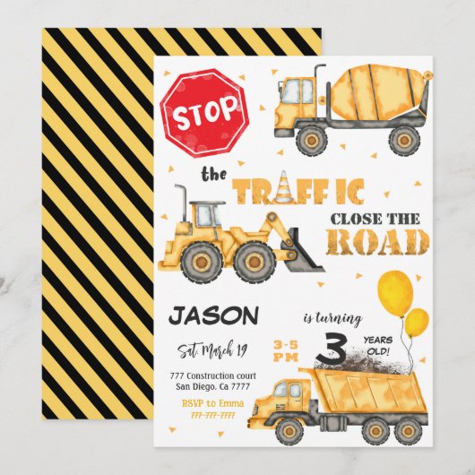 編集可能な建設誕生日招待状 招待状 (正面/裏面)