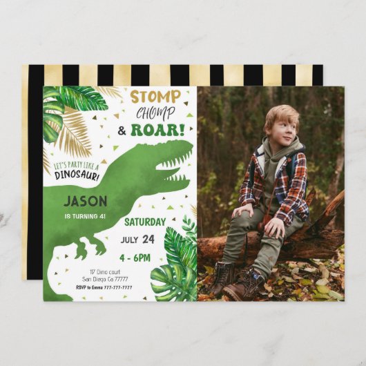編集可能な恐竜の誕生日パーティーの写真 招待状 (正面/裏面)