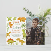 編集可能な恐竜の誕生日パーティーの写真 招待状 (スタンド正面)