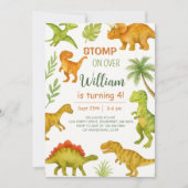 編集可能な恐竜の誕生日パーティー 招待状 (正面)