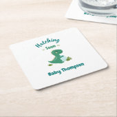 編集可能な恐竜男の赤ちゃんシャワーハッチング スクエアペーパーコースター (アングル)