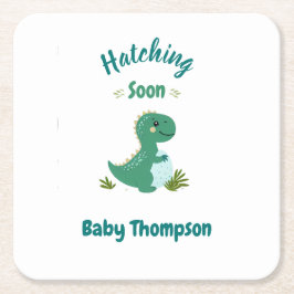 編集可能な恐竜男の赤ちゃんシャワーハッチング スクエアペーパーコースター
