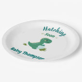 編集可能な恐竜男の赤ちゃんシャワーハッチング ペーパープレート (アングル)