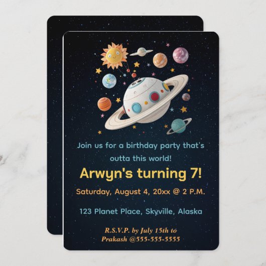 編集可能な惑星と星空の夜の誕生日 招待状 (正面/裏面)