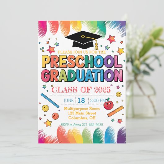編集可能な手書きデザインプリスクール卒業 招待状 (スタンド正面)