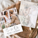 編集可能な手書き白日付写真を保存 ポストカード<br><div class="desc">写真モダン日付のカー結婚ドを保存招待状を保存する白い手書きタイポグラフィとシックでシックなデザインシンプルを含む婚約写真の写真を追加できカスタマイズる白い背景に。</div>