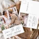 編集可能な手書き白日付写真を保存 ポストカード<br><div class="desc">写真モダン日付のカー結婚ドを保存招待状を保存する白い手書きタイポグラフィとシックでシックなデザインシンプルを含む婚約写真の写真を追加できカスタマイズる白い背景に。</div>