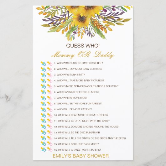 編集可能な推測Who、ママまたはパパ赤ちゃんシャワーゲーム (正面)