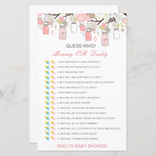 編集可能な推測Who、ママまたはパパ赤ちゃんシャワーゲーム (正面/裏面)