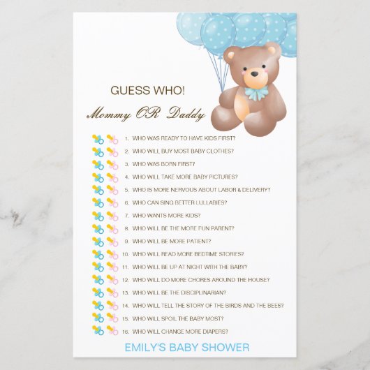 編集可能な推測Who、ママまたはパパ赤ちゃんシャワーゲーム (正面)