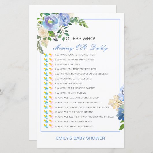 編集可能な推測Who、ママまたはパパ赤ちゃんシャワーゲーム (正面/裏面)