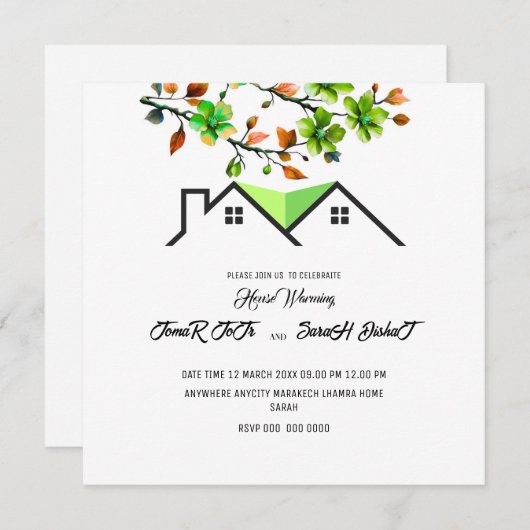 編集可能な新築祝い招待状, 新築祝いパーティー招待状 セーブザデート (正面/裏面)