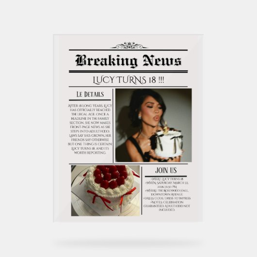 編集可能な新聞の誕生日招待状テンプレート アクリルサイン (正面)