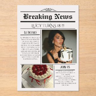 編集可能な新聞の誕生日招待状テンプレート アクリル招待状