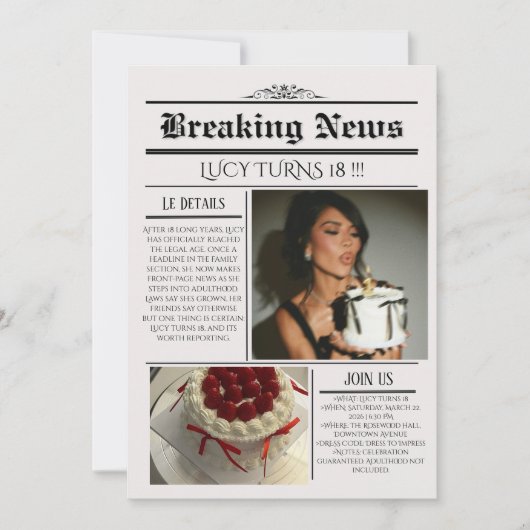 編集可能な新聞の誕生日招待状テンプレート 招待状 (正面)