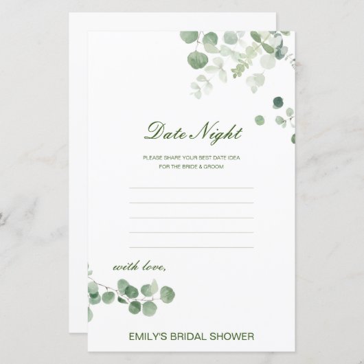 編集可能な日付ナイトカードブライダルシャワーゲーム (正面/裏面)