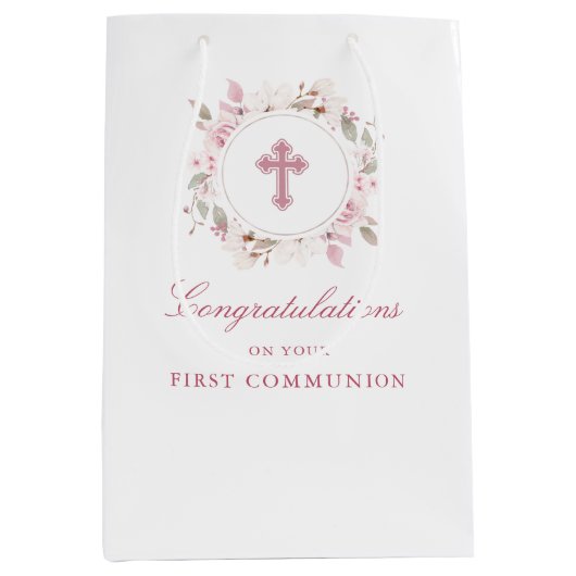 編集可能な最初の聖体ピンクの花クロス ミディアムペーパーバッグ (正面)