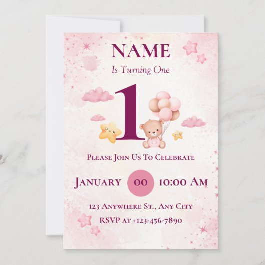 編集可能な最初の誕生日パーティ招待状印刷可能 招待状 (正面)