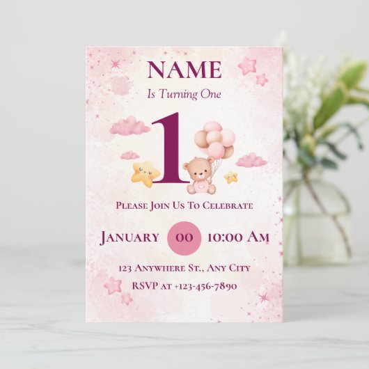 編集可能な最初の誕生日パーティ招待状印刷可能 招待状 (スタンド正面)