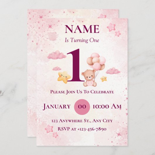 編集可能な最初の誕生日パーティ招待状印刷可能 招待状 (正面/裏面)