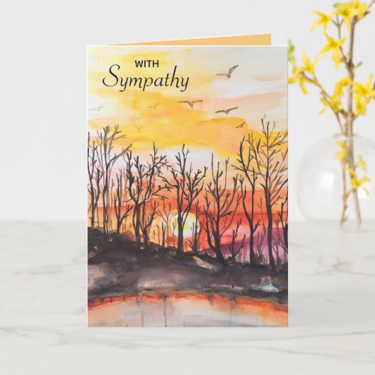 編集可能な木と鳥の日没悔やみや弔慰 カード (黄色い花)
