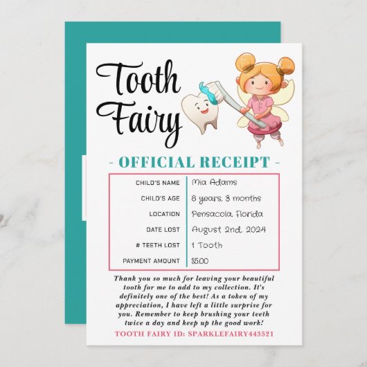 編集可能な歯の妖精の受領印刷可能な証明書 招待状 (正面/裏面)