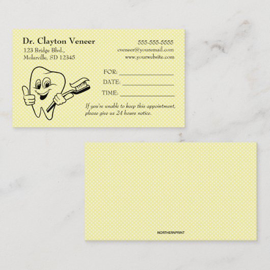 編集可能な歯イエロー水玉模様歯科アポイントメント 名刺 (正面/裏面)