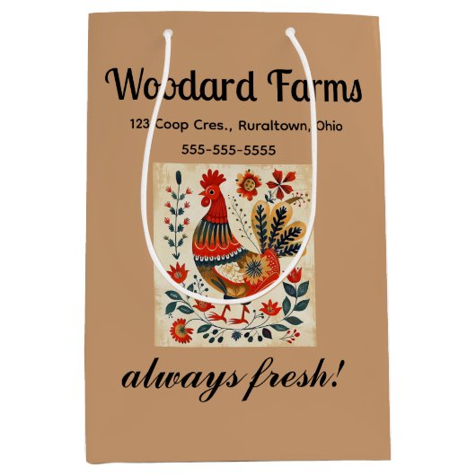 編集可能な民俗アートのニワトリ ミディアムペーパーバッグ (正面)