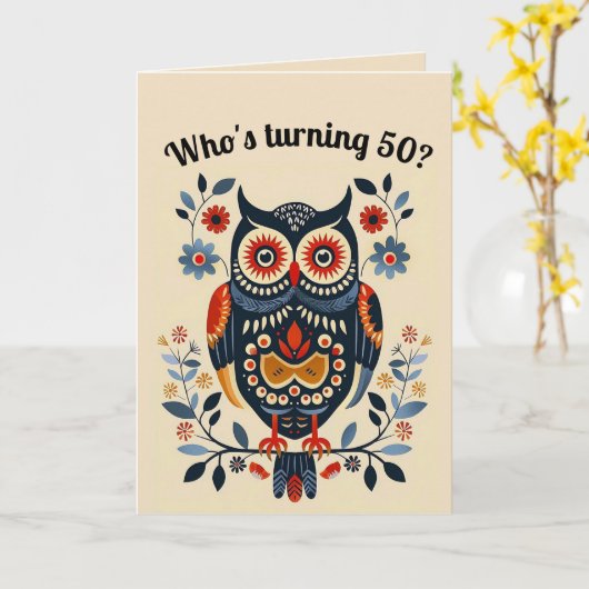 編集可能な民俗アートのフクロウと花 カード (黄色い花)