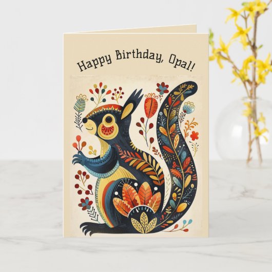 編集可能な民俗アートのリス カード (黄色い花)