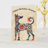 編集可能な民俗アートの犬の誕生日カード カード (黄色い花)