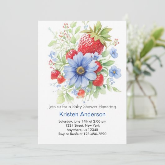 編集可能な水の色いちご坊ちゃんシャワー 招待状 (スタンド正面)