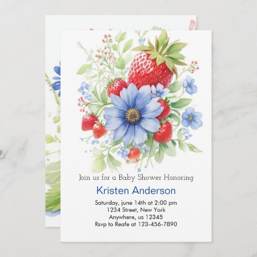 編集可能な水の色いちご坊ちゃんシャワー 招待状 (正面/裏面)