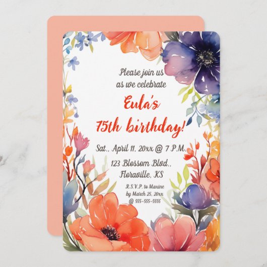 編集可能な水の色の花誕生日 招待状 (正面/裏面)