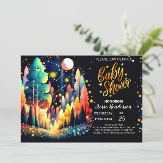 編集可能な水の色ホタルの森の赤ちゃんシャワー 招待状 (スタンド正面)