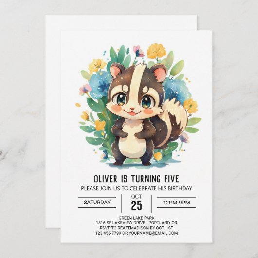 編集可能な水カラースクンクボーイ誕生日 招待状 (正面/裏面)