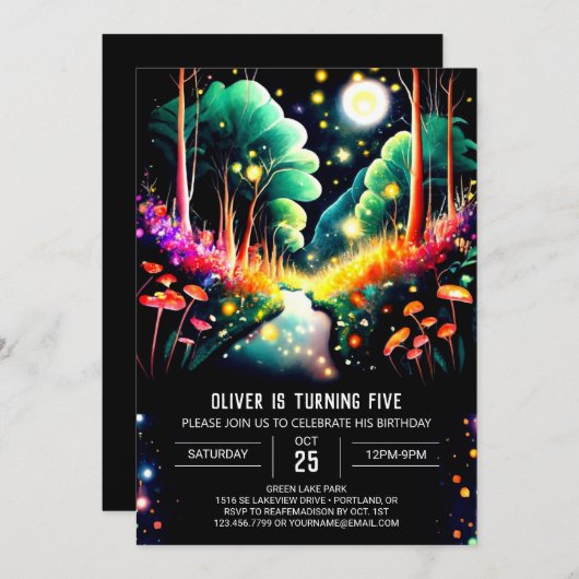 編集可能な水彩ホタルの森誕生日 招待状 (正面/裏面)