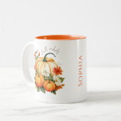 編集可能な水彩可愛いオレンジカボチャのパッチ秋 ツートーンマグカップ (正面左)