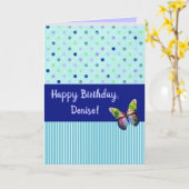 編集可能な水色ドットとストライプのカード（蝶付き） カード (黄色い花)