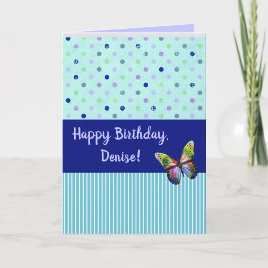 編集可能な水色ドットとストライプの蝶のカード カード (正面)