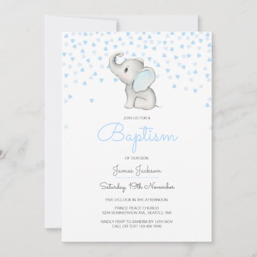 編集可能な洗礼招待状、象 招待状 (正面)
