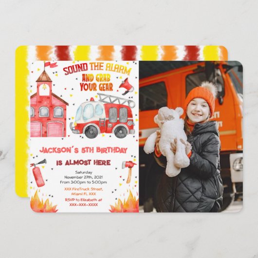 編集可能な消防車の写真招待状 招待状 (正面/裏面)