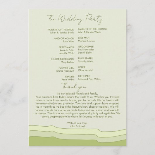 編集可能な淡い緑のソフトパステルウェディングプログラムのレイアウト プログラム (裏面)