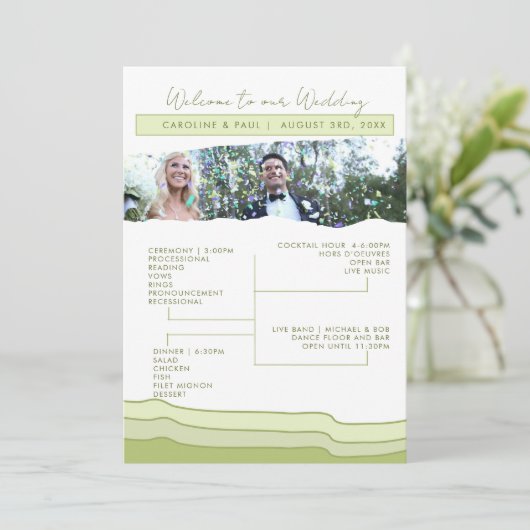 編集可能な淡い緑のソフトパステルウェディングプログラムのレイアウト プログラム (スタンド正面)